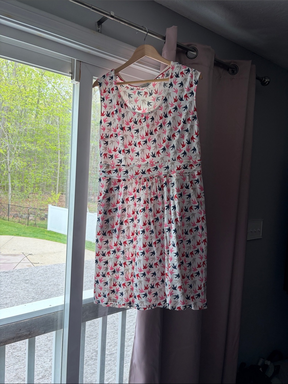 Boden White Sleeveless Dress with Pink & Navy Bird Print